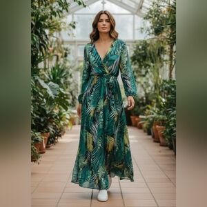 Elegant Leaf Pattern Long Sleeve Dress